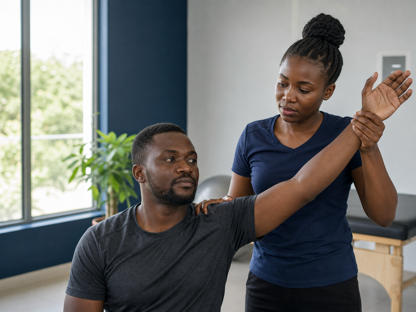 Physiotherapist guiding a patient through a shoulder mobility exercise